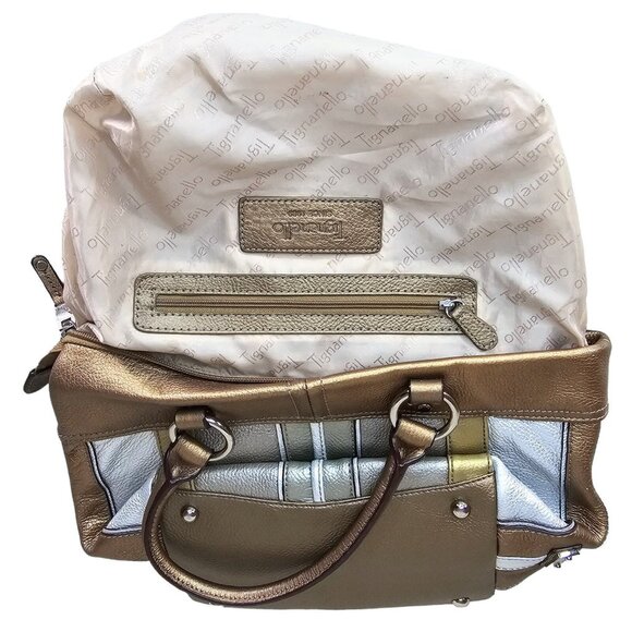 Tignanello Metallic Pebbled Leather Shoulder Bag Gold Silver Bronze Zip With Tag - Picture 3 of 13